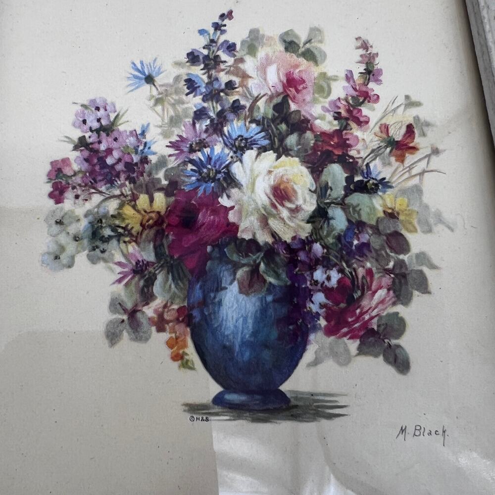 Vtg MCM Framed Floral Art Print Set of 2 M.Black 5.5 x 6.5 in Small Flower Vase - Picture 6 of 8